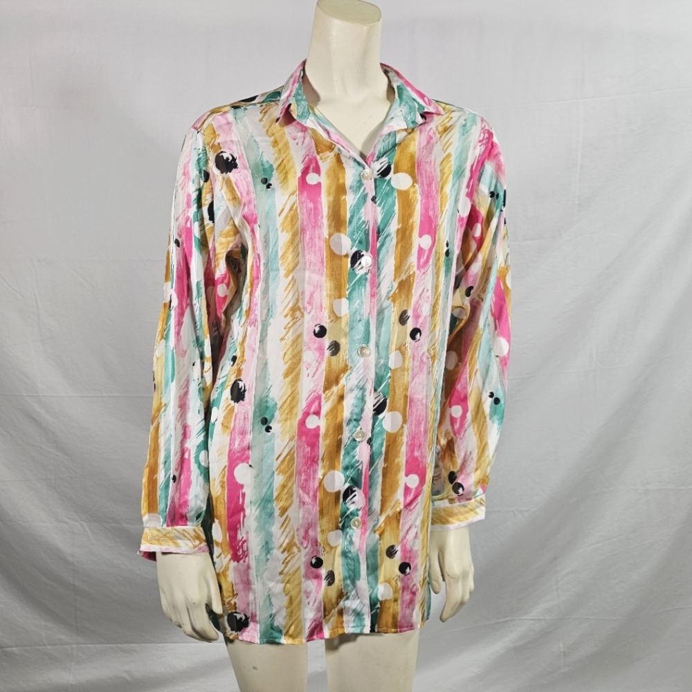 1980s Susan Burrowes Multi Color Long Sleeve Blouse